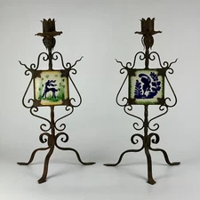 Pair Of Old English Wrought Iron & Decorative Tiles Arts & Crafts Candleholders