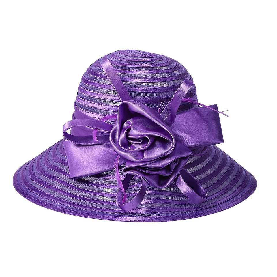 Sombreros para el sol de ala ancha púrpura para mujer gorra floja elegante flor iglesia fedoras Foto 2 de 4