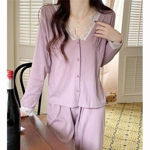 Neu Loungewear Pyjama Damen V-Ausschnitt Langarm Hose Set Spitze Baumwolle Nachtwäsche - Bild 1 von 20