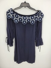 Loft Dress Womens Small Blue Floral Embroidered Off Shoulder Tie Sleeve Sheath