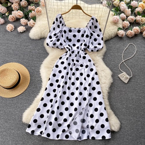 Vestido Francés Retro Grande Lunares Largo Mujer Elegante Manga Abullonada Dividido Dobladillo Grande - Imagen 11 de 28