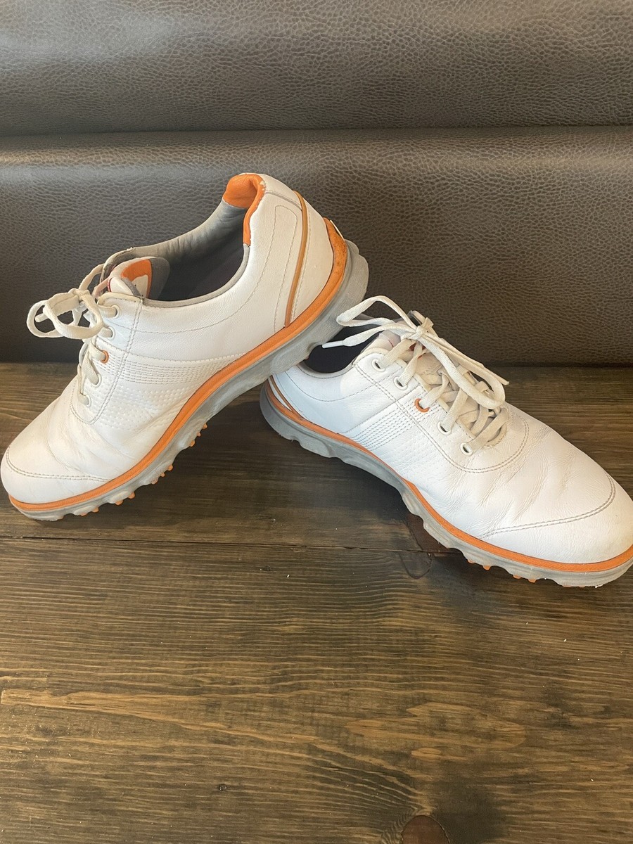【美品】FootJoy DryJoys Pro 7.5 (26.5 cm) FootJoy Dryjoys Tour 7.5 M White Leather/Orange Trim Spikeless