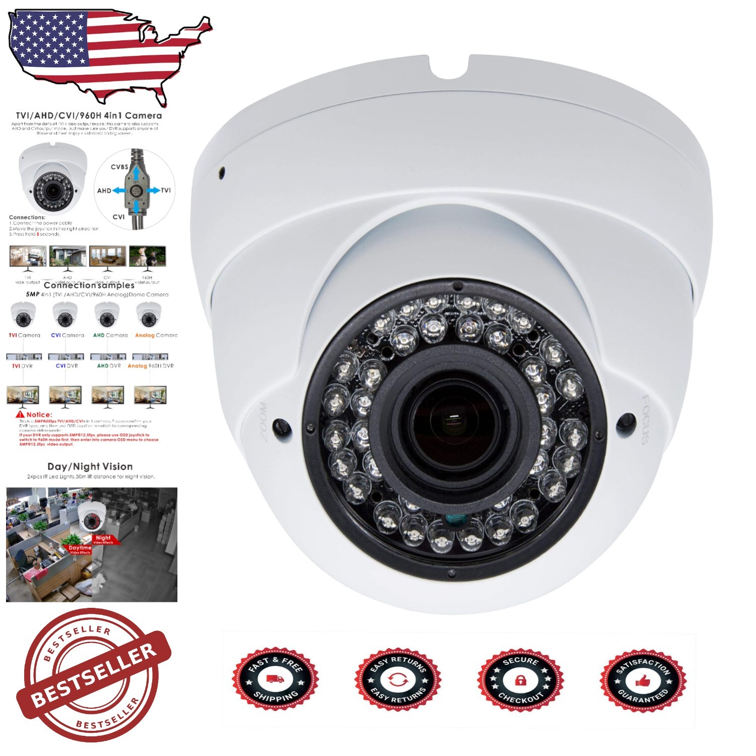 5MP Dome Super Hybrid Security Camera with 98ft Night Vision - IP66 Waterproof