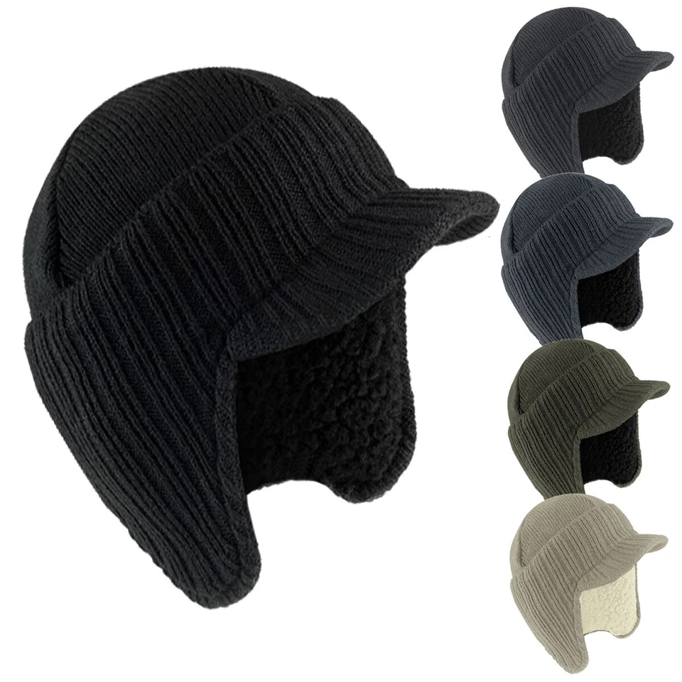 ROCKJOCK MENS PEAKED KNIT WINTER WARM FLEECE LINED CAP HAT BEANIE EAR FLAPS WORK OUTDOOR