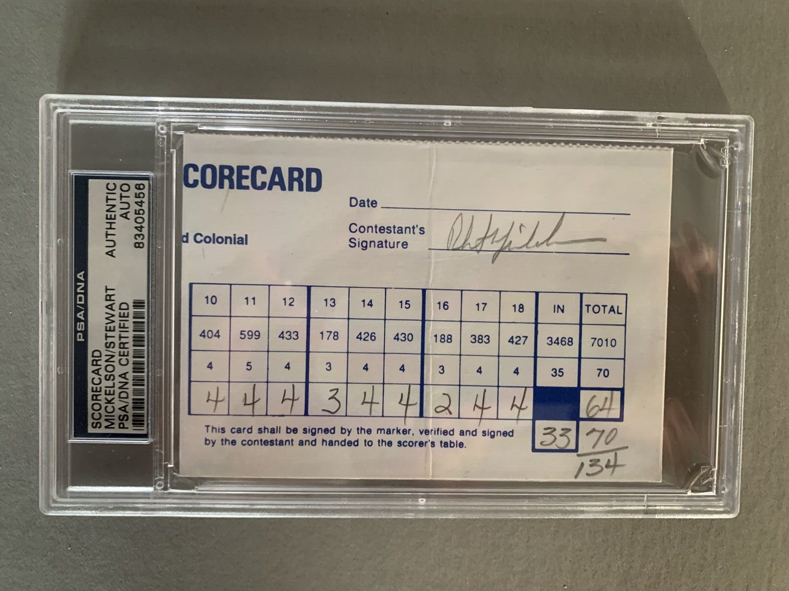 Phil Mickelson Autographed Signed Payne Stewart Scorecard PSA/DNA Authentic 