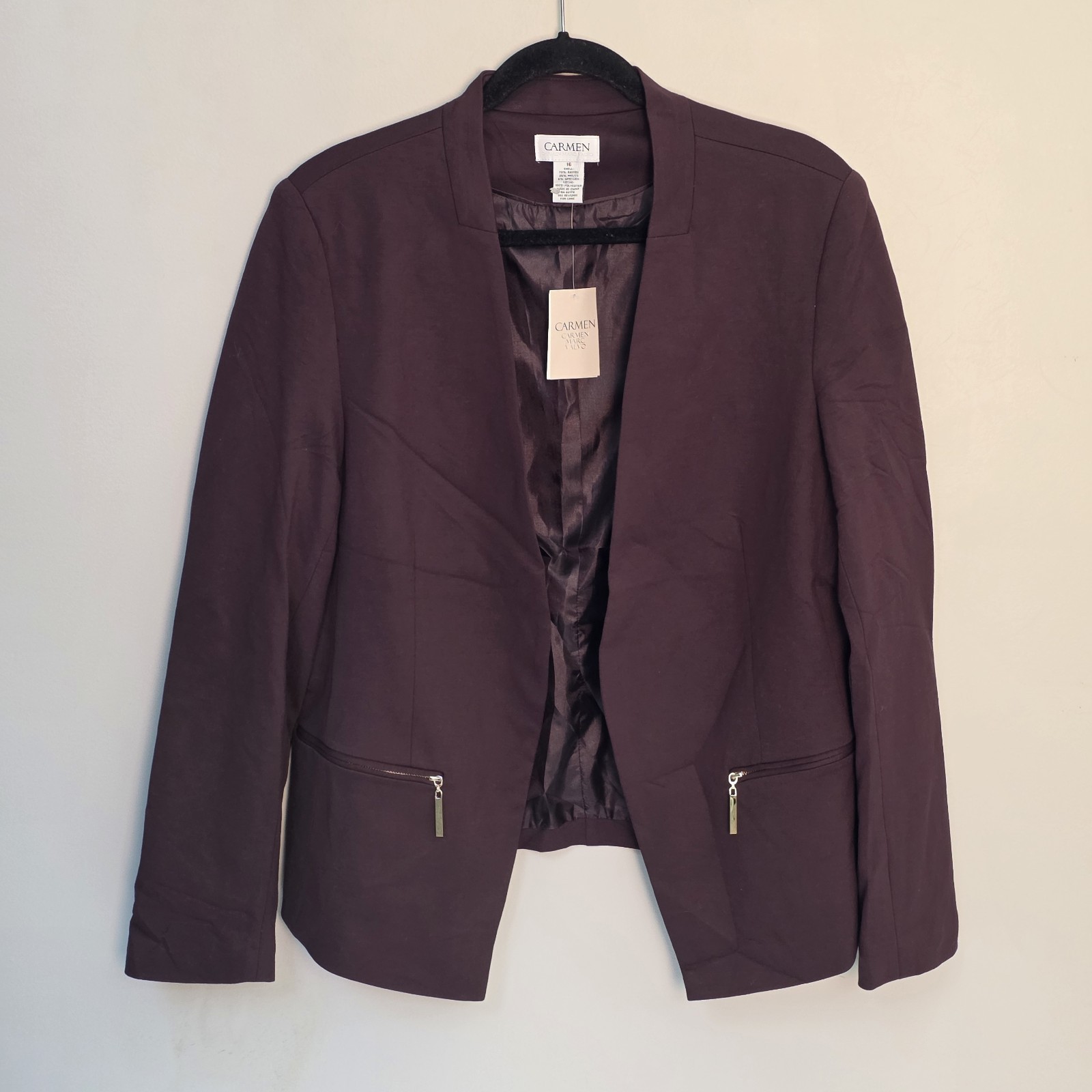 Carmen Marc Valvo Burgundy Cropped Blazer Long Sleeve Womens Size 16