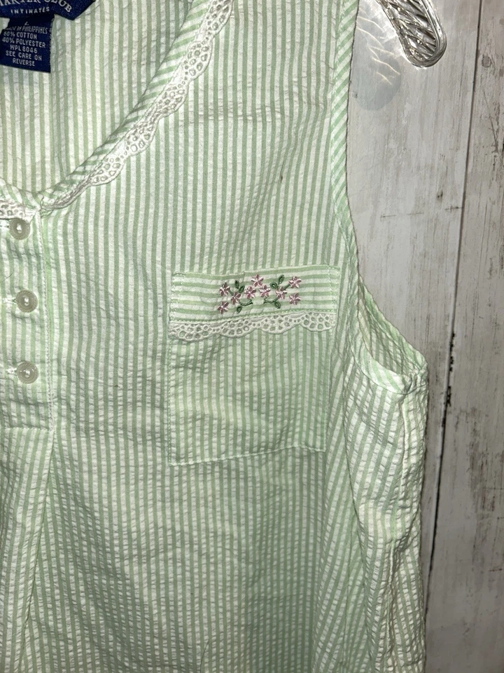 Charter Club Large Green Striped Seersucker Sleeveless Nightgown Lace Floral - Image 2 of 4