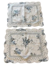 Pillow Shams Cottage Core Quilted Scalloped Blue & White Rose Set Of 2 Standard