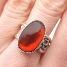 925 Sterling Silver Vintage Real Amber Modernist Oxidized Ring Size 6.5