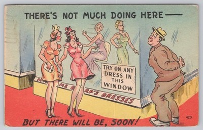 Women Shopping Comic Card, There's Not Much Doing Here Postcard