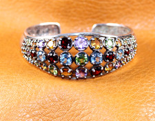 Multicolor Gemstone Wide Cuff Bracelet 3 Row Sterling Silver Size 6 3/4"