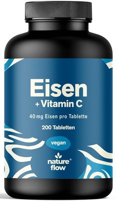 Eisen Tabletten Hochdosiert - 200 Stück - 40mg Eisen + 40mg Vitamin C - Vegan