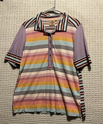 Tory Burch Striped Short Sleeve Polo 1/2 Button L Women Teal Gold Orange Plum