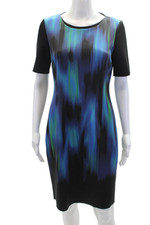 T Tahari Womens Back Zip Scoop Neck Abstract Sheath Dress Blue Black Size 6
