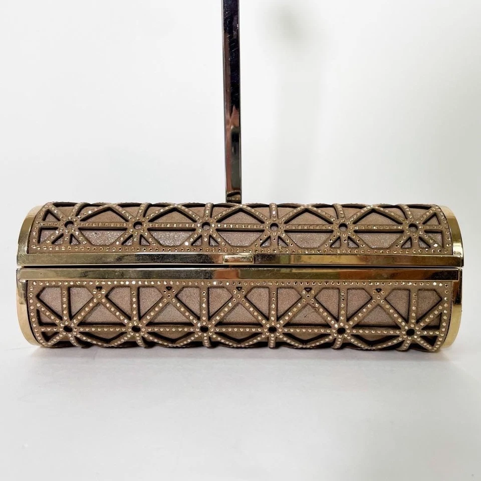 JIMMY CHOO Rhinestone Satin Cylindrical Clutch Bag Party Bag Hand Bag Gold Used - image 3 of 4