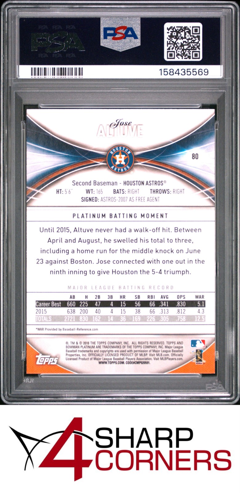 2016 BOWMAN PLATINUM #80 JOSE ALTUVE ASTROS POP 3 PSA 10 view 2