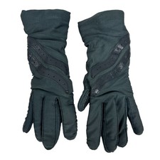 Vintage Black Nylon  Leather Gloves Womens One Size Winter Warm Detail Design