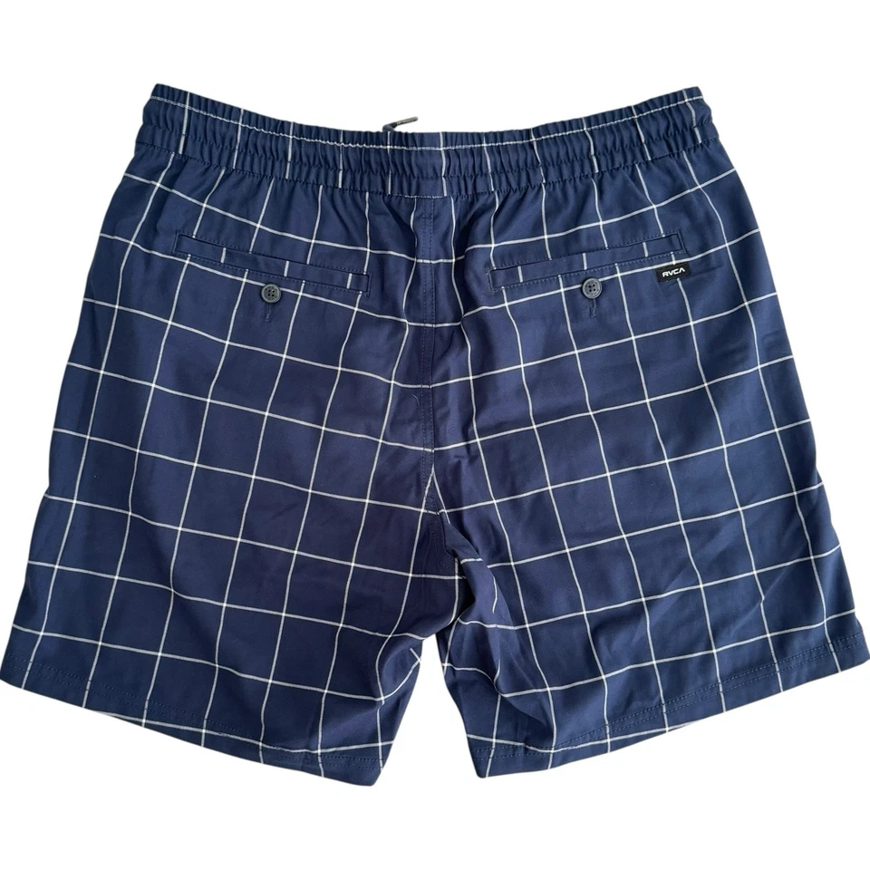 Pantalones Cortos RVCA Hudson Elastizados Para Hombre Grandes 7” Entrepierna Azul Marino Ventana Cuadros Foto 4 de 4