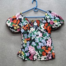 Old Navy Women Blouse M Multicolor Floral Smocking Pullover Waist Defined