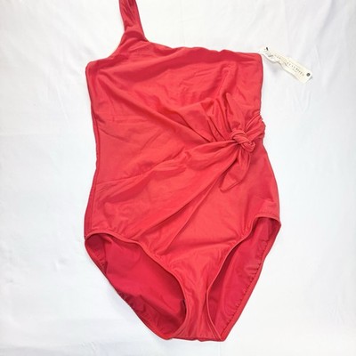 Talbots Miraclesuit Swimsuit 12 One Shoulder One Piece Tie Waist Hibiscus Coral