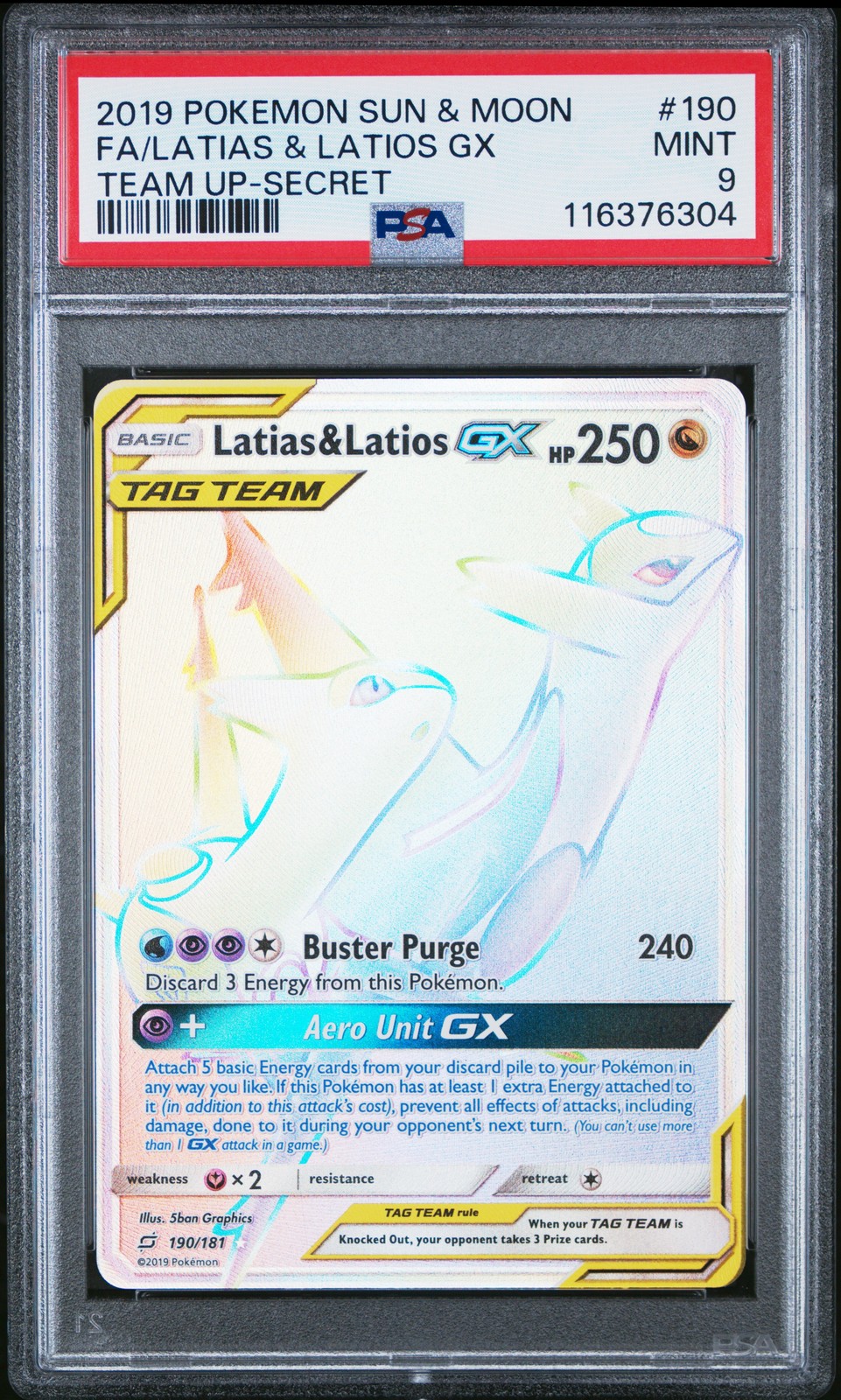2019 POKEMON SUN & MOON TEAM UP SECRET #190 FULL ART/LATIAS & LATIOS GX PSA 9