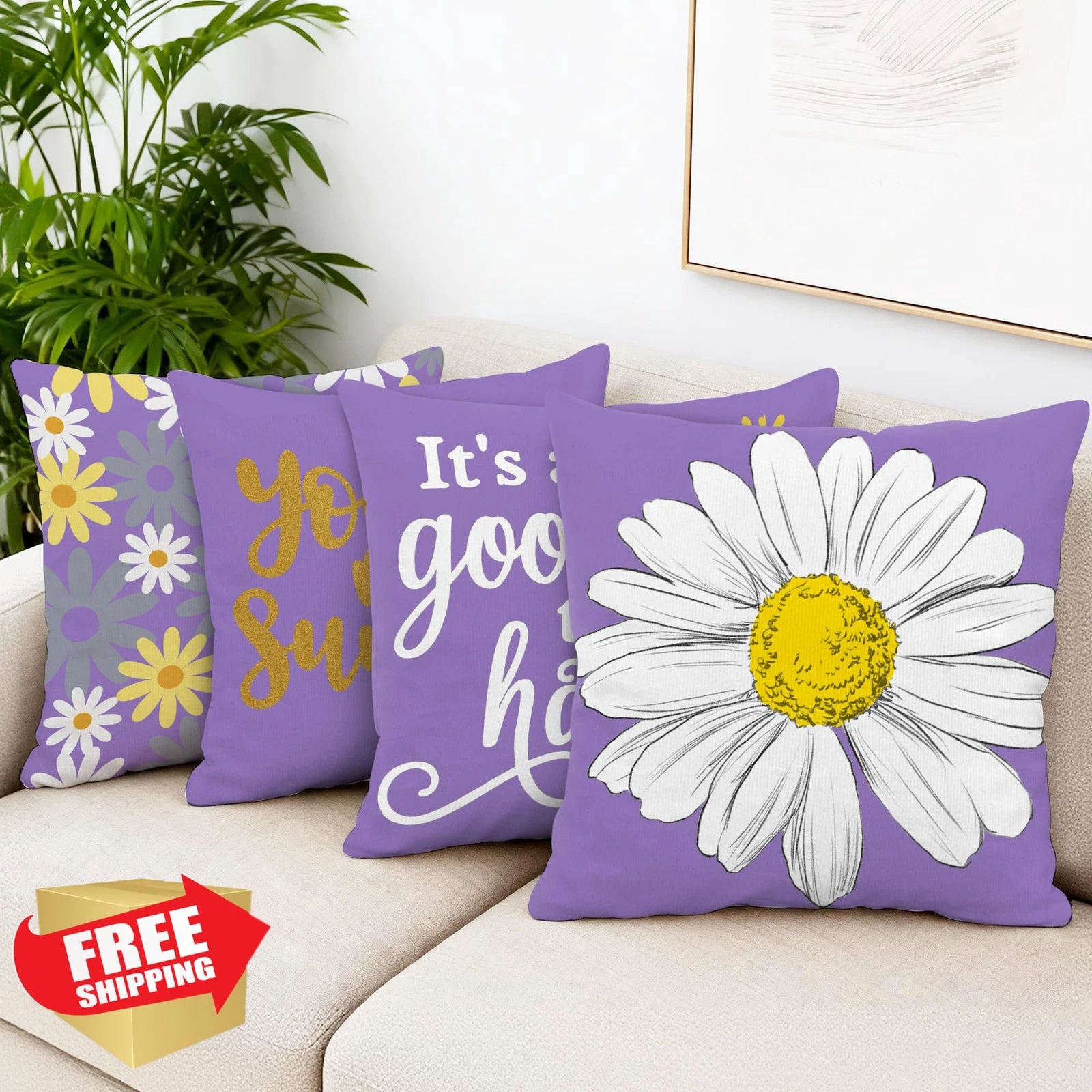 Hexagram 18x18 Pillow Covers Set of 4 Daisy Floral Purple Farmhouse