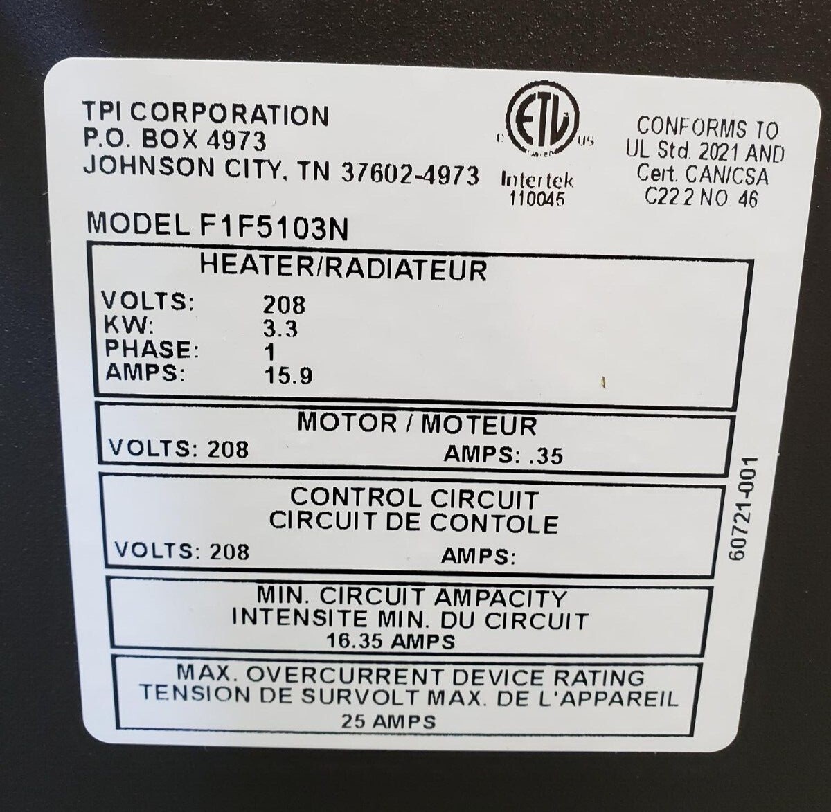 Markel F1F5103N 3.3kw 208v/1ph Unit Heater | eBay