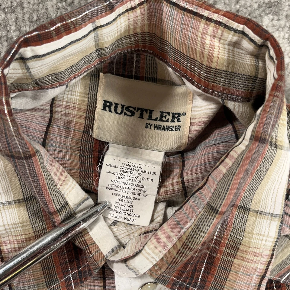 Camisa Rustler Western de Colección Para Hombres Grande L Beige A Cuadros Perla A Presión Diente de Sierra Metálico Foto 4 de 4