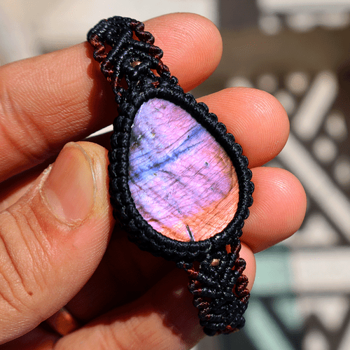 Bracciale Cristallo Macramè Fatto a Mano Naturale Labradorite Viola Flash Bellissimo - Foto 4 di 11