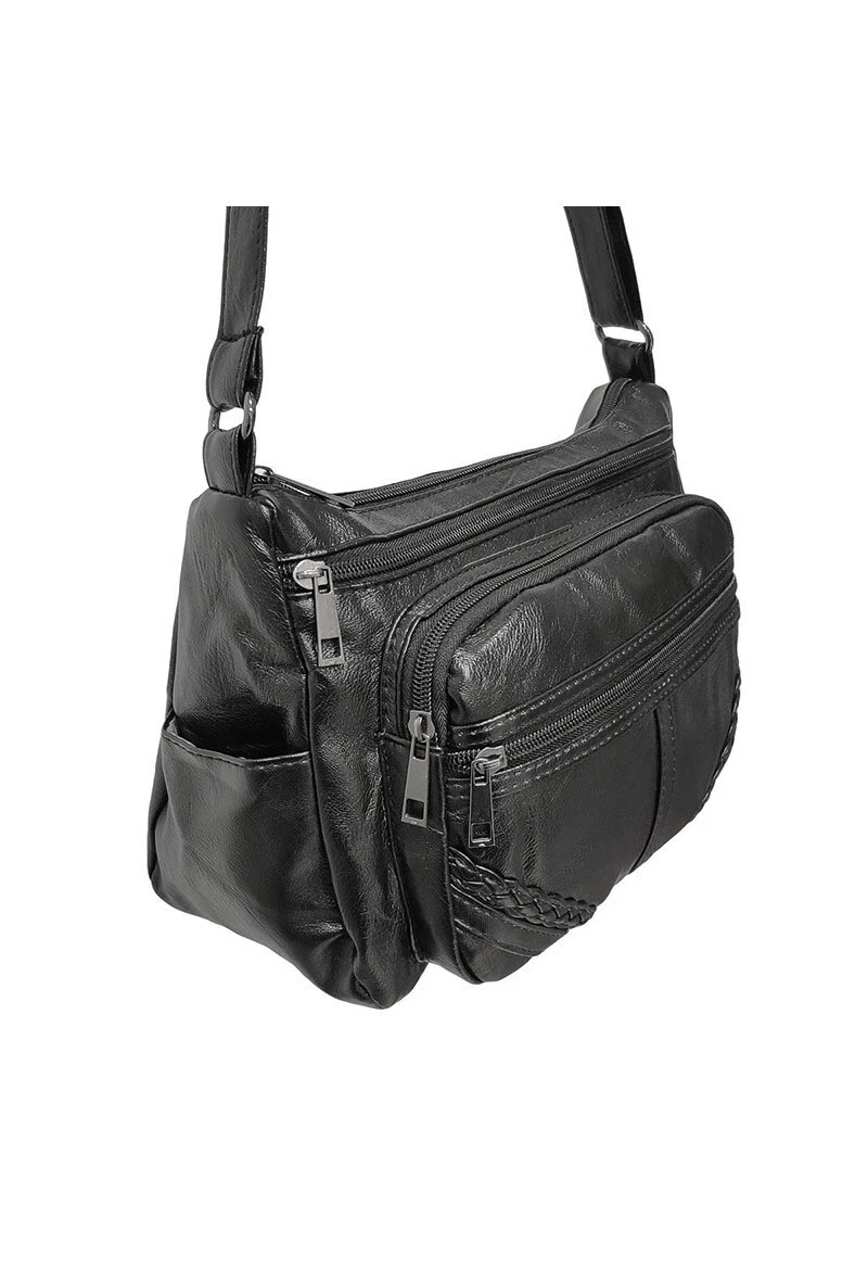 Ladies Black Leather Soft Handbag Lightweight Bag Classic Satchel Multi Pockets