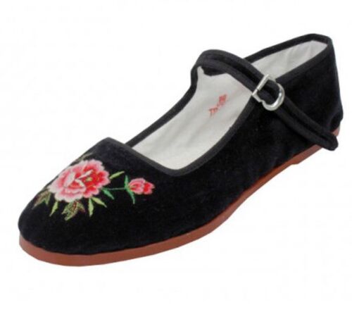 Women's Chinese Mary Jane Floral Velvet Shoes Slippers Black - Sizes 36-40 New - Picture 3 of 8