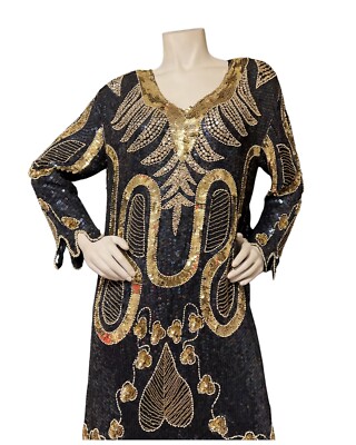ViTG 100% Silk Black Gold Sequin Beaded Cocktail Dress Women's M Scalloped Hem M | eBay ViTG 100% Silk Black Gold Sequin Beaded Cocktail Dress Women's M Scalloped Hem M | eBay