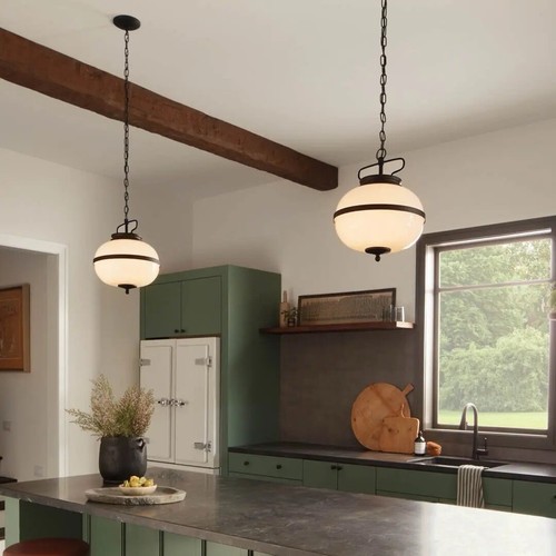Kichler Opal 2-Light Textured Black Vintage Globe Pendant Light w/Opal Glass - Picture 5 of 5