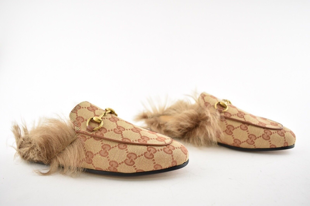 Gucci Princetown Beige Canvas Original GG Fur Loafer Slide Mule