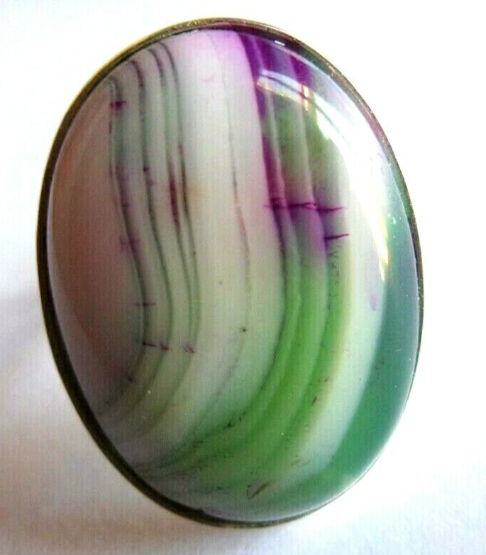 Bague en Agate naturelle vert blanc et violet réglable en argent massif