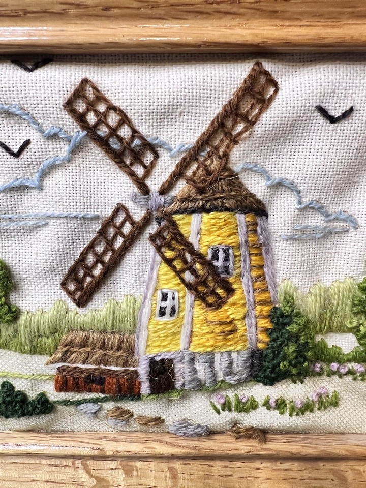Crewel Yarn Art Dutch Windmill Barn Wood Frame Backing Yellow Green 8.5