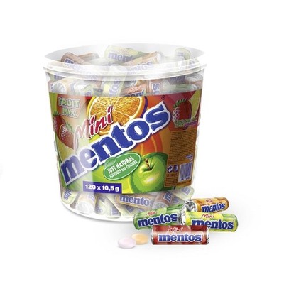 MENTOS Fruit Mix Bucket, Eimer mit 120 Mini-Rollen a 5 Frucht-Dragees,