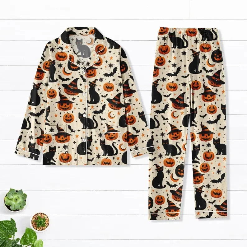 Conjunto de pijama unissex Halloween gato abóbora manga longa botão top e calça P-5XL - Imagem 2 de 4