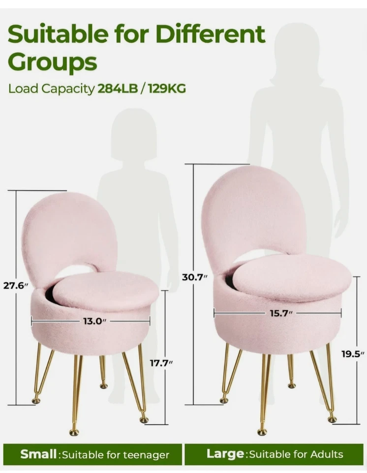 Taburete de tocador de almacenamiento GREENSTELL trasero plegable rosa imitación piel otomana 13x13x17,7 Foto 2 de 4