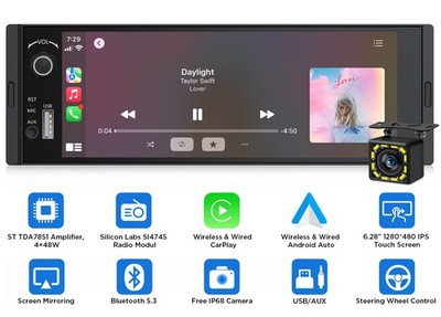Single DIN 6,28 Zoll IPS Autoradio Wireless CarPlay Android Auto BT Linux System