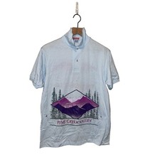 Vintage Pine Creek Polo Shirt Montana Blue Test Print Graphic Jerzees VTG 90s M