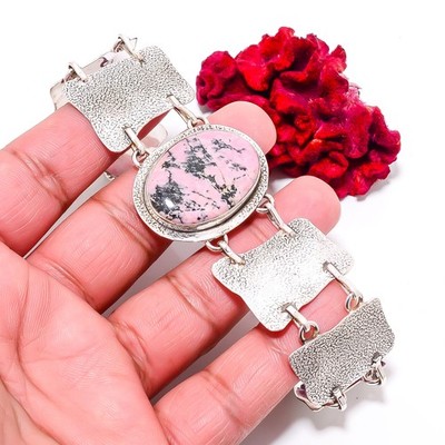 Black Manganese In Rhodonite 925 Sterling Textured Silver Bracelet 8.99'' B84384