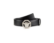 $895 NWT Versace Black Silvertone Medusa Logo Leather Belt Size 120(42)