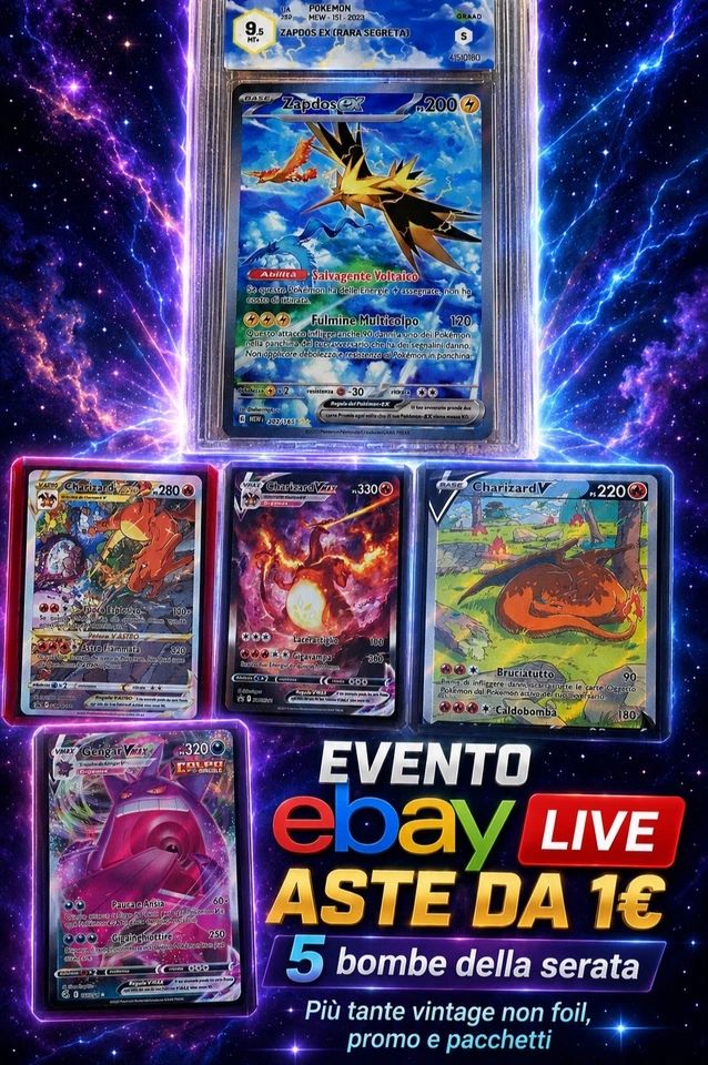 🔥 POKÉMON NIGHT – ZAPDOS 9.5, 3 CHARIZARD, GENGAR E VINTAGE IN ASTA DA 1€!