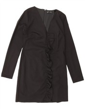 ZARA Womens Ruffle Front Long Sleeve Shift Dress UK 18 XL Black Cotton CN06