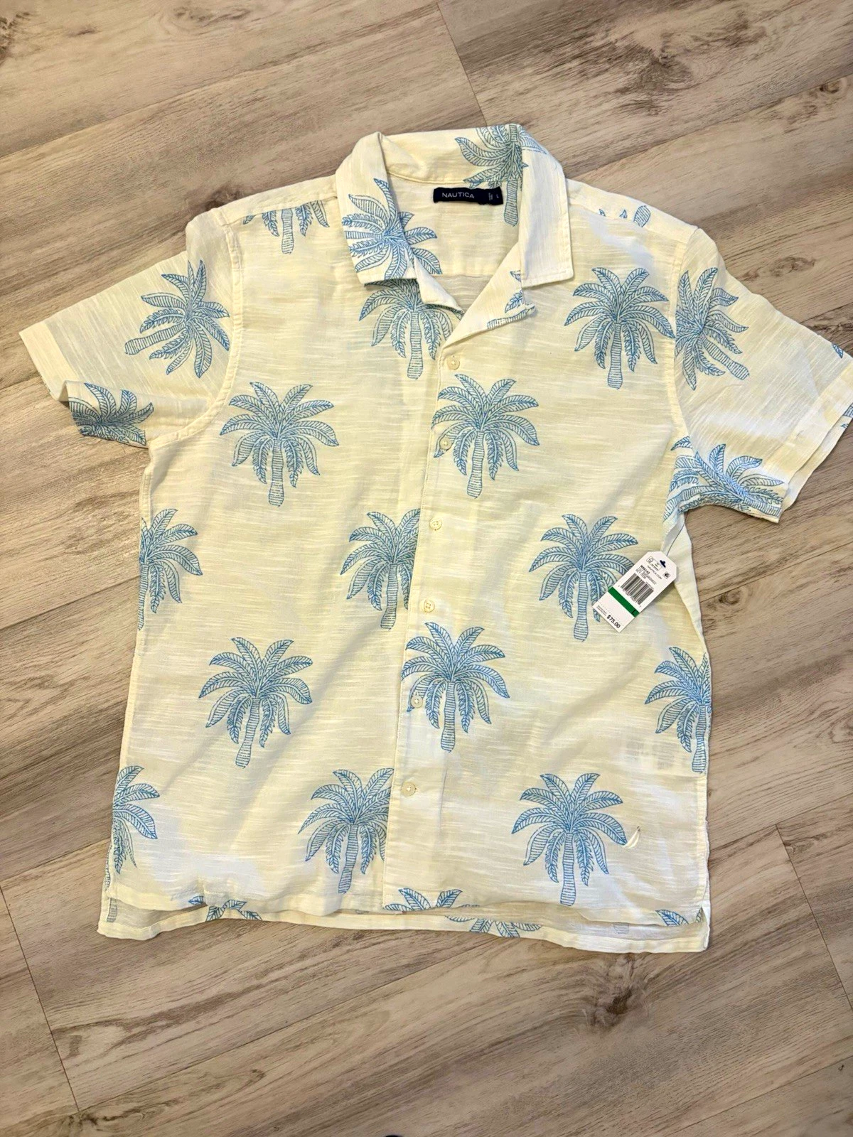 Nautica Linen Palm Tree Print Button-Up Shirt Short Sleeve Size L White/Blue image 1