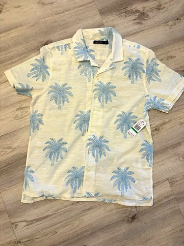 Nautica Linen Palm Tree Print Button-Up Shirt Short Sleeve Size L White/Blue video thumbnail