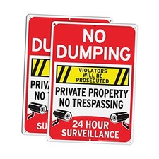 No Dumping Sign, "Private Property No Trespassing, 24 Hour Red-2 Pack