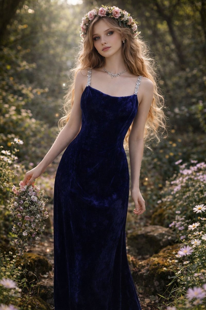 Vintage Blue Velvet Maxi Dress Size 15/16 Whimsigoth Fairycore 90s Retro Glam