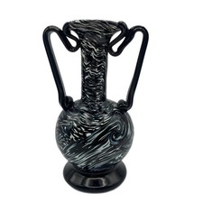 Vintage Black  White Swirl Art Glass Vase Applied Handles 6" Hand Blown